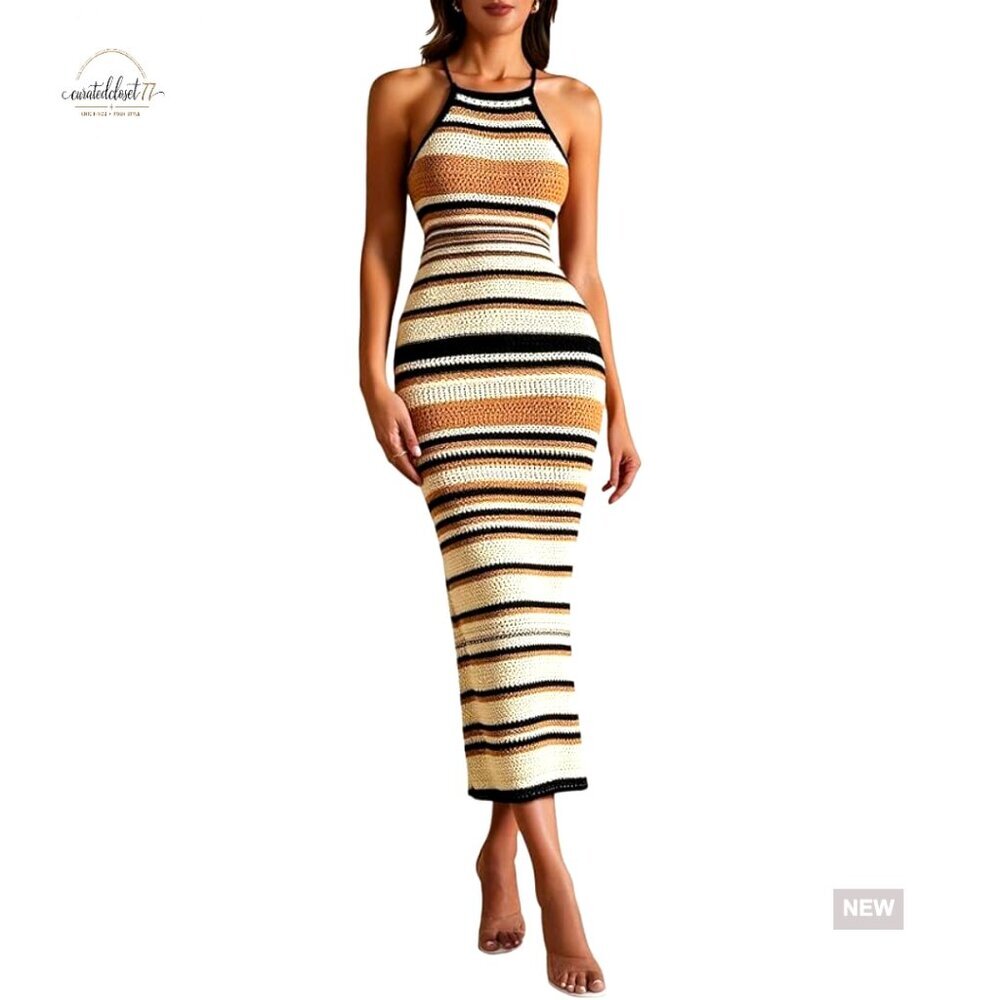 Women's Crochet Halter Maxi Dress Backless Bodycon Beach Coverup
